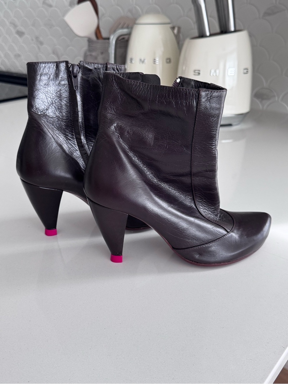 Chie Mihara Leather Ankle Boots with Pink Heel Accent 37 New Without Box